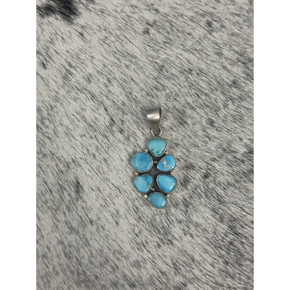 Sterling Silver 2” Blue Ridge Turquoise Multistone Cluster Pendant 6 Stone 925 - Picture 2 of 10